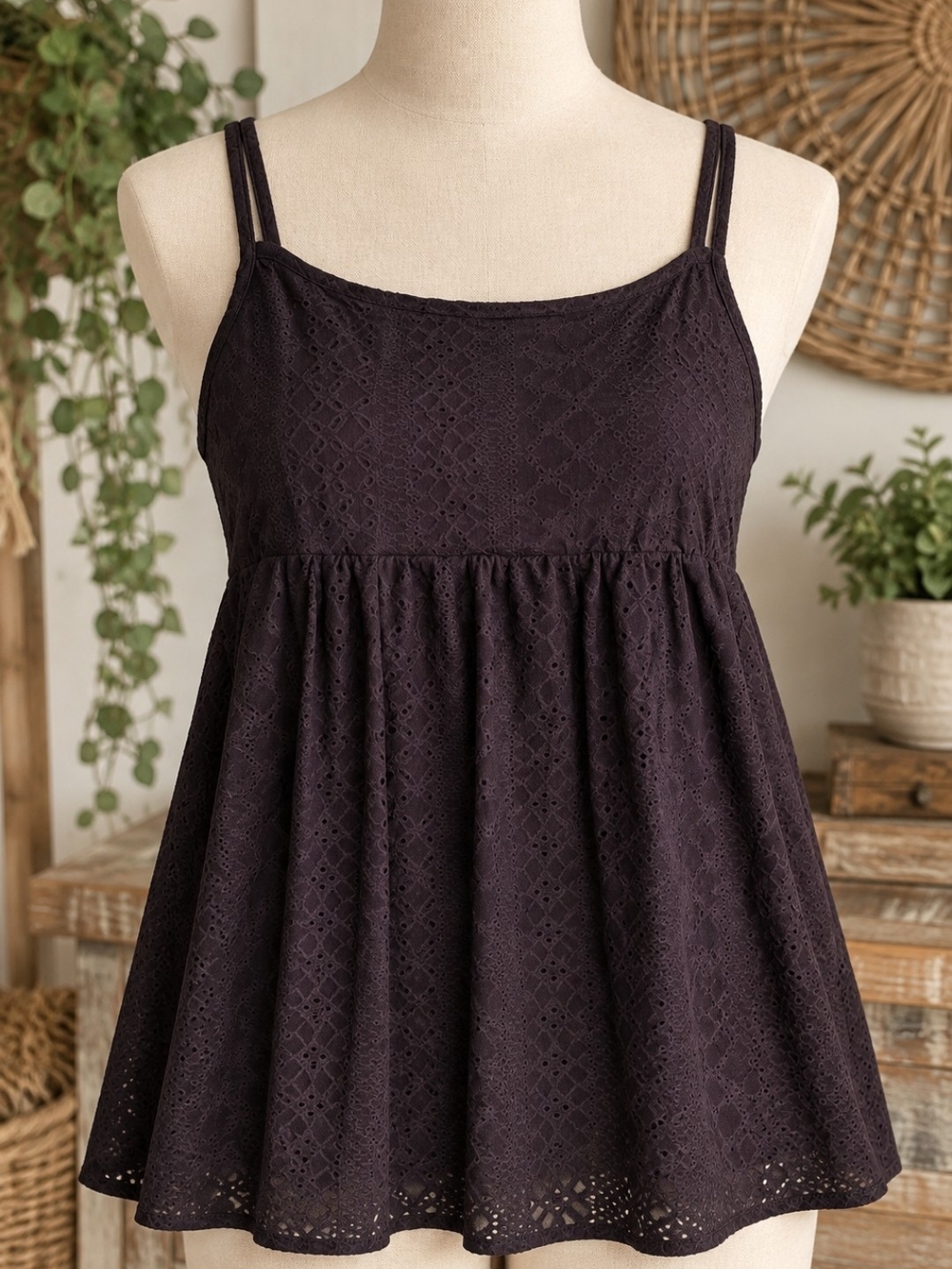 Women’s Black Eyelet Spaghetti Strap Babydoll Top